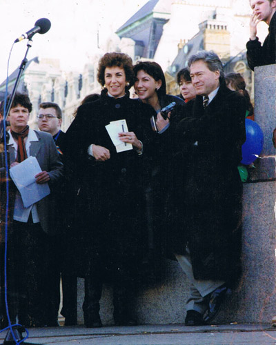 Trafalgar Sq Jan 1994 Gay Rights rally with Tony Banks MP and daughter Debbie